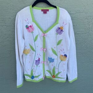 Vintage Bobbie Bell Women's Floral Cardigan Sweater L White Easter